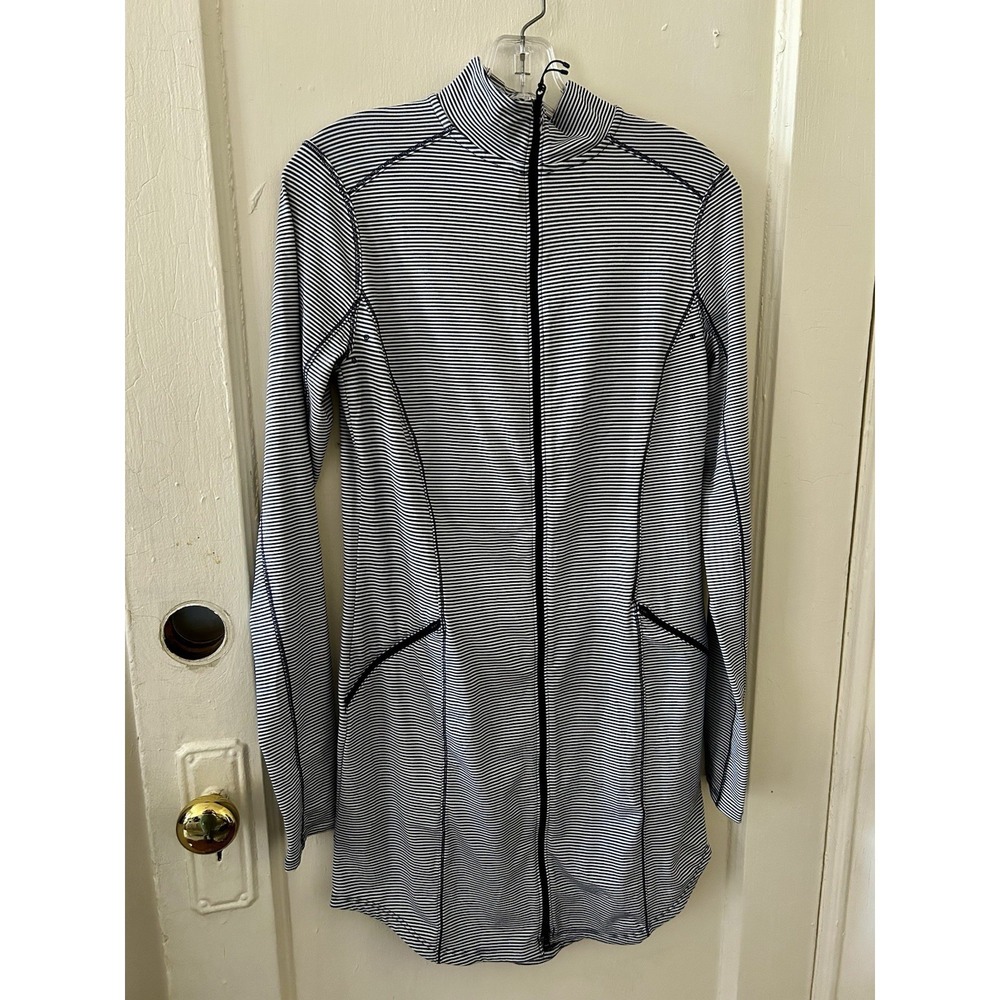Duluth Trading Co Womens XS Nanotex Striped Full Zip Dress Navy White Mock Neck